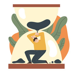 Stressed man being trapped in an hourglass. Dedline, time management concept. Flat vector Cartoon style illustration