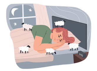 Fototapeta premium Young woman with insomnia lying in bed and counting sheep. Flat vector cartoon style illustration 