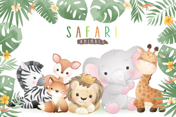 Cute doodle safari animals with floral illustration - obrazy, fototapety, plakaty