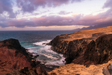 Punta Jandia cliffs at sunset, Jandia Natural Park, southern Fuerteventura, Canary Islands, Spain