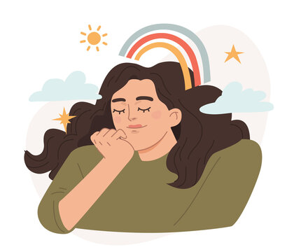 Happy young woman dreaming. Imagination or happiness concept. Flat vector illustration 