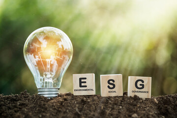 Lightbulb ESG on a woodblock It is an idea for sustainable organizational development. ​account the environment, society and corporate governance. ESG concept of environmental, social and governance. - obrazy, fototapety, plakaty