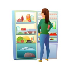Girl standing in front of refrigerator. Choice of food. Diet violation. Illustration is isolated on white background. Vector
