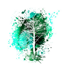 Silhouette of a tree on a background of green blots. Vector illustration