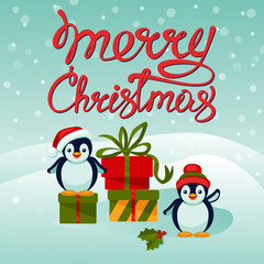 Christmas card. Cute penguins in hats on gifts