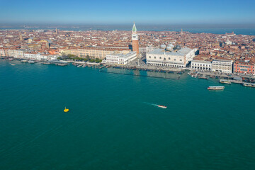 Aerial view of St Mark's square and Doge's Palace, Venice, Veneto, Italy, Europe.