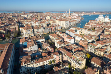 Fototapeta na wymiar Aerial view of Grand Canal, Sestiere Dorudoro and Sestiere San Marco, Venice, Veneto, Italy, Europe.