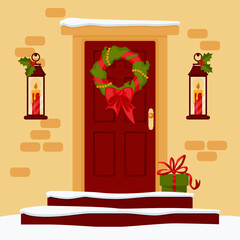 Christmas card. Festive door with a wreath