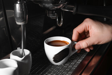 Barista making fresh aromatic espresso using professional coffee machine in cafe, closeup