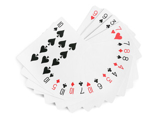 Many different playing cards on white background, top view