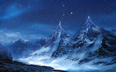 Fototapeta na wymiar Fantastic Winter Epic Magical Landscape of Mountains. Celtic Medieval forest. Frozen nature. Glacier in the mountains. Mystic Night Valley. Artwork sketch. Gaming background. Book Cover and Poster. 