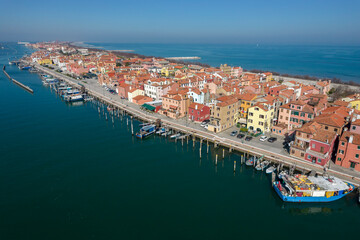Aerial view of Isola di Pellestrina, Venice, Veneto, Italy, Europe.