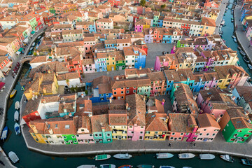 Aerial view of Burano, Venice, Veneto, Italy, Europe.