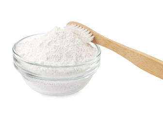 Glass bowl of tooth powder and brush on white background