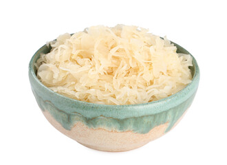 Bowl of tasty sauerkraut on white background