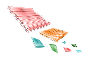 Colored sheets of honeycomb polycarbonate fly on a white background. 3D illustration