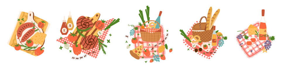 Picnic basket set. Picnic food illustration. Barbeque grilled sausages, wine, vegetable. Outdoor leisure. Summer picnic garden picnic baskets with food isolated elenments. Cartoon vector illustration.