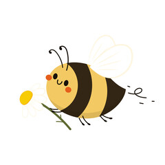 Bee cartoon and Flower isolated on white background vector illustration. Cute cartoon character. Cube Bee vector.