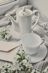 Letter, postcard congratulations background. Layout, top view, wedding invitation. Happy birthday! Mother's day, spring card. Coffee set and cup