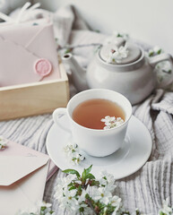 Letter, postcard congratulations background. Layout, top view, wedding invitation. Happy birthday! Mother's day, spring card. Tea set and cup