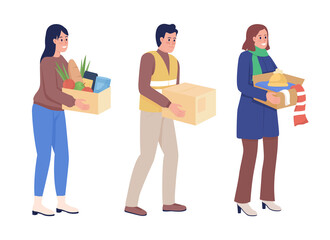 Volunteers providing humanitarian aid semi flat color vector character set. Happy figures. Full body people on white. Simple cartoon style illustration collection for web graphic design and animation