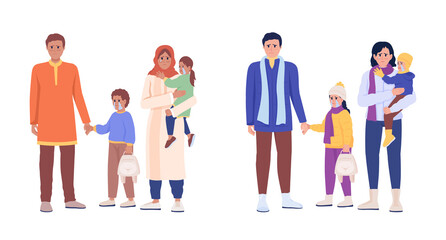 Fototapeta premium People with children waiting for evacuation semi flat color vector character set. Full body people on white. Simple cartoon style illustration collection for web graphic design and animation