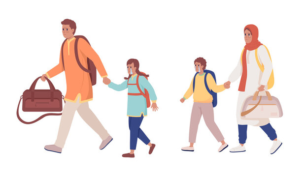 Family running away from bombing and shelling semi flat color vector characters. Sad figures. Full body people on white. Simple cartoon style illustration for web graphic design and animation