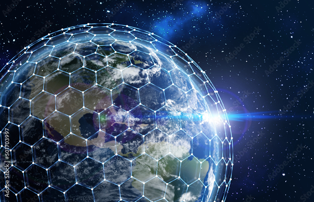 Wall mural global network connection. earth in open space and digital web, illustration