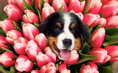 Adorable Bernese Mountain Dog puppy surrounded by beautiful tulips. Spring mood - obrazy, fototapety, plakaty