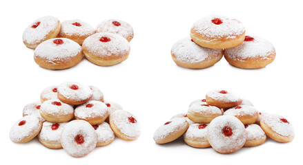 Delicious donuts with jelly and powdered sugar on white background, collage