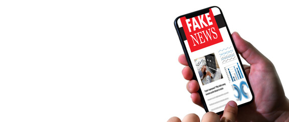 Close up of man reading fake news on smartphone screen application media technology  on website ...