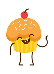 Happy cartoon cake character. Bakery Icon. Vector illustration