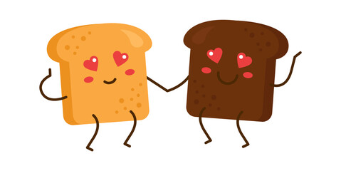 Cartoon bread characters in love. Bakery Icon. Vector illustration