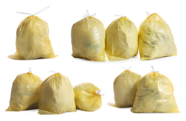 Set with yellow trash bags full of garbage on white background