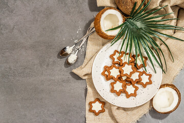 Gluten-free and lactose-free coconut cookies. Homemade healthy pastries, vegan lifestyle