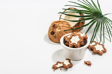 Gluten-free and lactose-free coconut cookies. Homemade healthy pastries, green tea, sunny morning