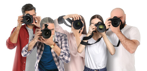 Group of professional photographers with cameras on white background. Banner design - obrazy, fototapety, plakaty