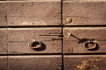 Close-up of an old wooden brown door with two handles and a modern and old keyholes, locks. Brescia, Lombardy, Italy, Europe.