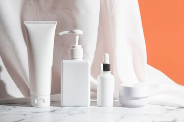 mockup of medical skin care bottle cosmetic tube of beauty makeup facial, treatment cleanser face foam, beauty healthcare branding packaging