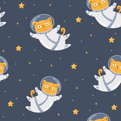 Seamless vector pattern. Cat astronaut flying in space, smiling moon, stars, space. Cute children's print. 