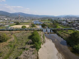 Fototapeta na wymiar ドローンから空撮した川と橋の風景