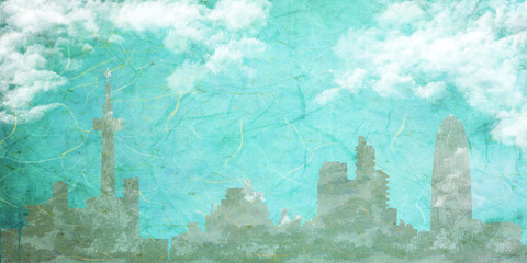 青空と白い雲と都会の街並み和紙テクスチャ背景イラスト