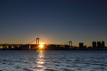 豊洲ふ頭から見たレインボーブリッジの隙間から見える沈む夕陽