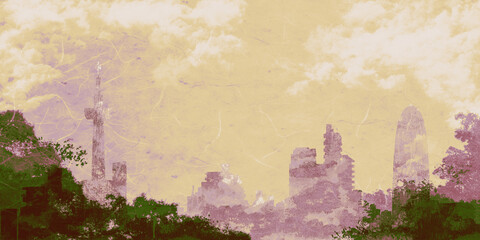 木々の向こうに都会の街並みと夕方の空と雲の見える和紙テクスチャ背景イラスト