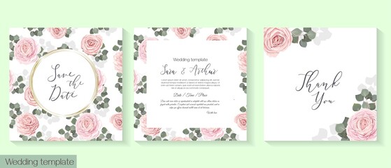 Vector floral template for wedding invitations. Pink roses, eucalyptus, gold frame. Floral pattern on invitation card
