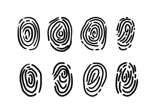 Cute doodle vector finger print set. Identification biometric police detective work. Password privacy personal security
