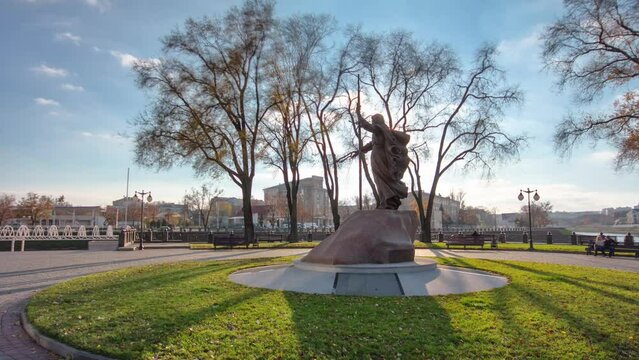 The monument to Holy Apostle Andrew the First-Called in the on the city park strelka timelapse in Kharkov, Ukraine