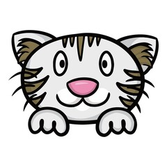 Cute Gray contented cat, cat face with paws, cartoon vector illustration