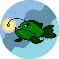Angler fish, Predatory green fish with sharp teeth, vector cartoon illustration