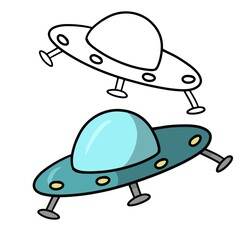 Alien Space Rocket for flights, UFO, cartoon vector , color and linear sketch
